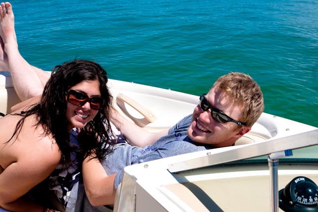 Meggie and Bryce out on the speedboat on Elk Lake